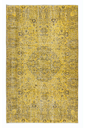 163x260 cm El Düğümlü Sarı Türk Halısı, Yeniden Boyanmış El Yapımı Modern Halı