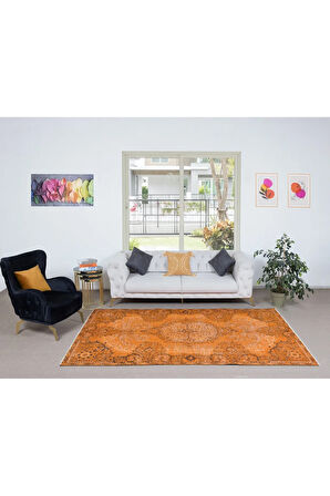 170x256 cm Turuncu Yemek Odası Halısı, Bohem Tarzı El Dokuma Halı, El Yapımı Türk Halıs