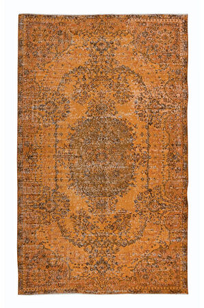 161x254 cm El Yapımı Turuncu Halı, El Dokuması Eski Halı, Modern Türk Halısı