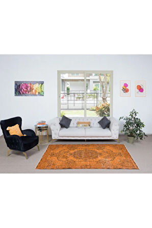 161x254 cm El Yapımı Turuncu Halı, El Dokuması Eski Halı, Modern Türk Halısı
