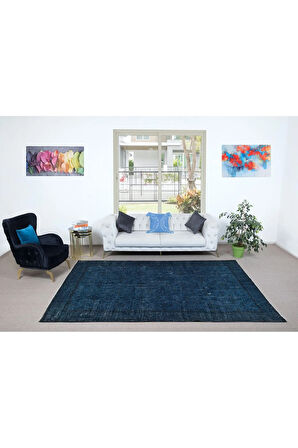 210x308 cm Modern El Yapımı Mavi Renkli Türk Halısı, 100% El Dokuması Düz Lacivert Büyük Halı