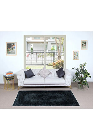 114x200 cm Siyah ve Kömür Grisi El Dokuması Küçük Halı, Modern El Düğümlü Eski Halı