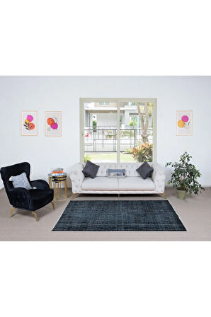 146x220 cm El Düğümlü Siyah Halı, Dekoratif El Dokuması Yün ve Pamuktan Yapılmış Alan Halısı