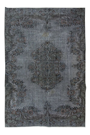 203x304 cm Yeniden Boyanmış Gri El Dokuma Halı, El Yapımı Eski Halı