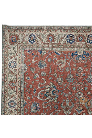 238x342 cm Botanik Desenli Kırmızı ve Bej Romantik Eski El Yapımı Türk Büyük Halısı