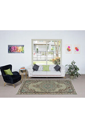 175x280 cm Yeşil El Yapımı Halı, Yenilenmiş Eski Halı, Yeniden Boyanmış Modern Halı