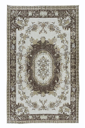 162x255 cm Klasik Aubusson'dan Esinlenmiş Bej ve Kahverengi Eski Halı, Solmuş El Düğümlü Halı