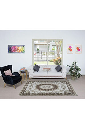 162x255 cm Klasik Aubusson'dan Esinlenmiş Bej ve Kahverengi Eski Halı, Solmuş El Düğümlü Halı