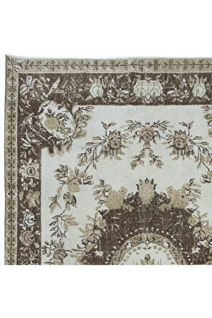 162x255 cm Klasik Aubusson'dan Esinlenmiş Bej ve Kahverengi Eski Halı, Solmuş El Düğümlü Halı