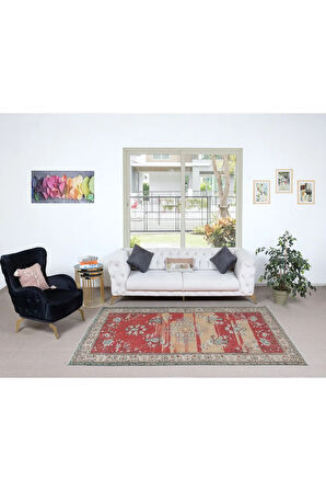 165x270 cm Sıradışı 20. Yüzyıl Ortasından Çiçekli Halı, Kırmızı ve Bej Eski El Düğümlü Halı