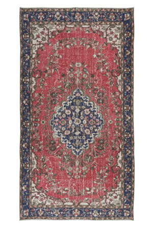 170x310 cm Kırmızı, Mavi ve Lacivert Eşsiz Eski El Yapımı Türk Madalyonlu Tasarım Halı