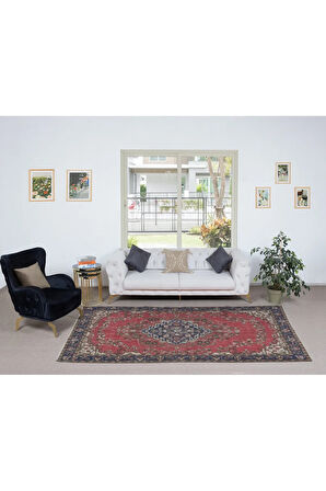 170x310 cm Kırmızı, Mavi ve Lacivert Eşsiz Eski El Yapımı Türk Madalyonlu Tasarım Halı