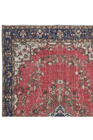 170x310 cm Kırmızı, Mavi ve Lacivert Eşsiz Eski El Yapımı Türk Madalyonlu Tasarım Halı