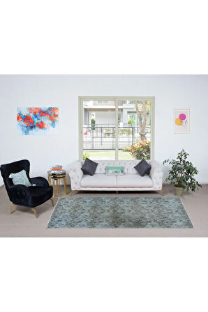 150x275 cm Yeniden Boyanmış Açık Mavi El Dokuma Halı, El Yapımı Çiçek Desenli Halı