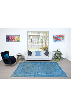 215x306 cm El Düğümlü Açık Mavi Halı, Modern El Dokuması Yün ve Pamuktan Yapılmış Alan Halısı