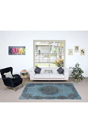 165x258 cm El Düğümlü Mavi Halı, Dekoratif El Dokuması Yün ve Pamuktan Yapılmış Alan Halısı