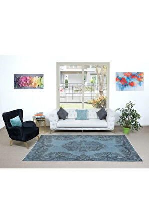 186x303 cm Modern El Yapımı Halı, Mavi Çocuk Odası Halı, Mavi Ev Dekoru