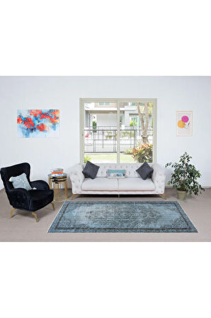 150x261 cm Geleneksel El Dokuması Mavi Halı, Anadolu'dan Yünlü Halı, Modern Alan Halısı