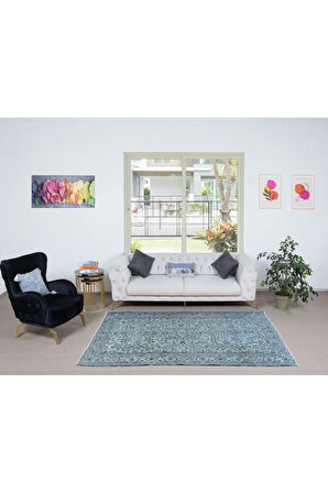 160x240 cm El Dokuması Halı, Açık Mavi Modern Halı, El Yapımı Çiçek Desenli Halı