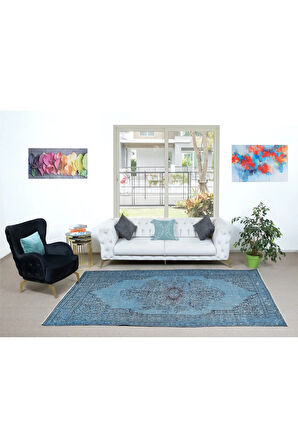 188x305 cm Modern Ev Dekoru Halı, Mavi El Yapımı Halı, Geleneksel Yünlü Halı