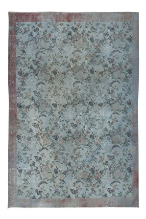 214x314 cm Yenilenmiş Mavi El Yapımı Halı, Modern Yün ve Pamuktan Yapılmış Eski Halı