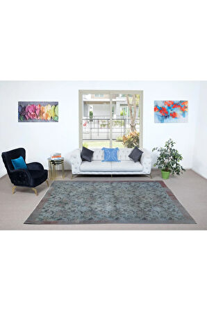 214x314 cm Yenilenmiş Mavi El Yapımı Halı, Modern Yün ve Pamuktan Yapılmış Eski Halı