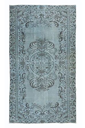 167x278 cm Mavi El Yapımı Halı, Yenilenmiş Eski Halı, Yeniden Boyanmış Modern Halı