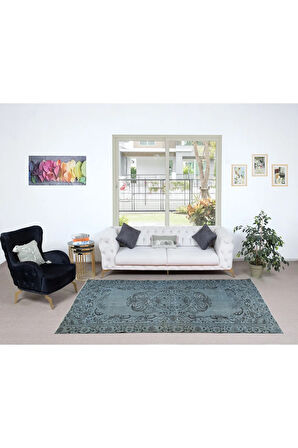 167x278 cm Mavi El Yapımı Halı, Yenilenmiş Eski Halı, Yeniden Boyanmış Modern Halı