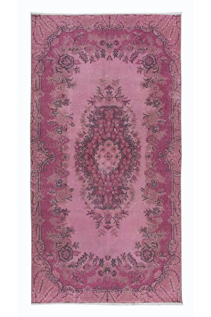 113x215 cm, El Düğümlü Pembe Halı, Dekoratif El Dokuması Yün ve Pamuktan Yapılmış Alan Halısı