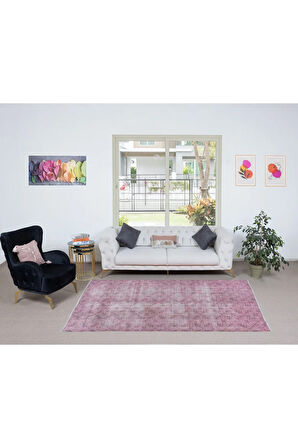 162x257 cm, Yenilenmiş Pembe El Yapımı Halı, Modern Yün ve Pamuktan Yapılmış Eski Halı