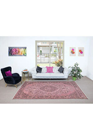 210x308 cm, El Düğümlü Pembe Halı, Dekoratif El Dokuması Yün ve Pamuktan Yapılmış Alan Halısı