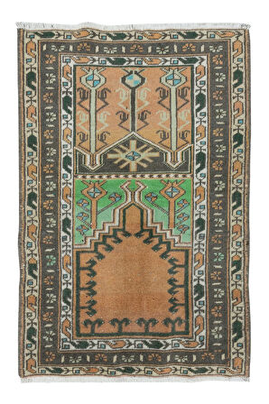 80x115 cm Eski Geometrik Desenli Küçük Halı, El Yapımı Seccade, Türk Paspas Seccade