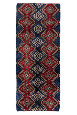 104x253 cm Mavi, Kırmızı ve Açık Kahverengi El Düğümlü "Tülü" Halı. %100 Yün. Eski Türk Halısı