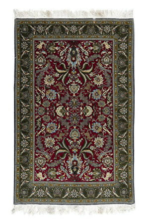 140x216 Cm Modern Kırmızı Ve Yeşil Çiçek Botanik Desenli Muhteşem El Dokuması Türk Alan Halısı
