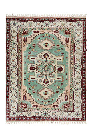 193x245 Cm Dekoratif El Yapımı Alan Halısı, Saçaklı Çağdaş Ev Dekoru Için Yeşil Halı, %100 Yün