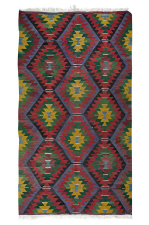 183x320 cm Geometrik Desenli Eski El Dokuma Türk Yünü Kilim 'Düz Dokuma'
