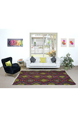 183x320 cm Geometrik Desenli Eski El Dokuma Türk Yünü Kilim 'Düz Dokuma'