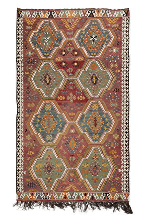172x300 cm Geometrik Desenli, Benzersiz Eski El Dokuma Türk Yünü Kilim 'Düz Dokuma'
