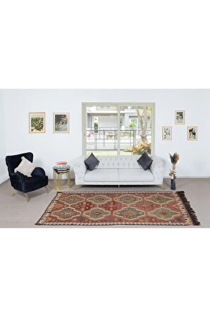 172x300 cm Geometrik Desenli, Benzersiz Eski El Dokuma Türk Yünü Kilim 'Düz Dokuma'