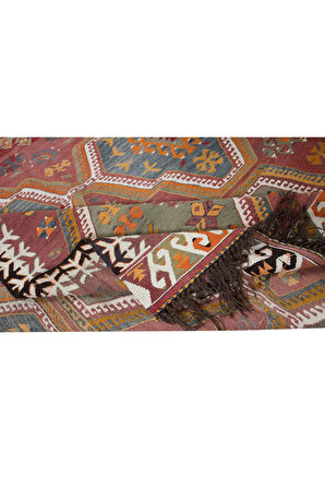 172x300 cm Geometrik Desenli, Benzersiz Eski El Dokuma Türk Yünü Kilim 'Düz Dokuma'