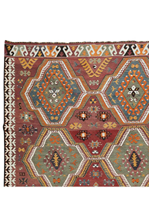 172x300 cm Geometrik Desenli, Benzersiz Eski El Dokuma Türk Yünü Kilim 'Düz Dokuma'