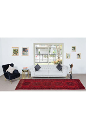 122x340 cm, Kırmızı Yolluk Halı, El Yapımı Koridor Halısı, Mutfak Halısı