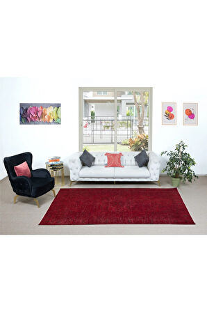 185x296 cm, Yenilenmiş Kırmızı El Yapımı Halı, Modern Yün ve Pamuktan Yapılmış Eski Halı