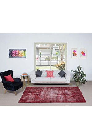 175x276 cm, Kırmızı El Yapımı Halı, Yenilenmiş Eski Halı, Yeniden Boyanmış Modern Halı