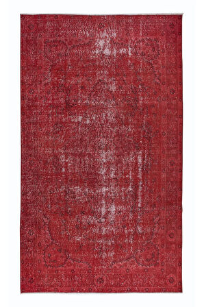 158x268 cm, Kırmızı El dokuması Halı, Yenilenmiş Vintage Halı, Yeniden Boyanmış Eski Halı