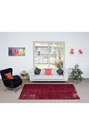 172x270 cm, Yeniden Boyanmış Kırmızı El Dokuma Halı, El Yapımı Eski Halı