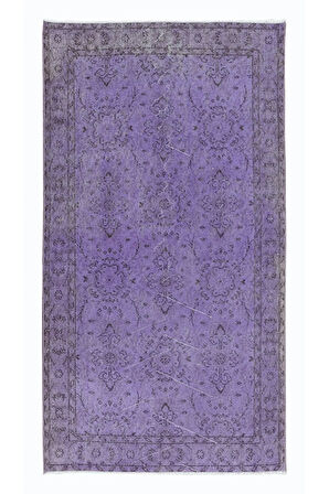 113x206 cm El Yapımı Mor Halı, El Dokuması Eski Halı, Yenilenmiş Türk Halısı