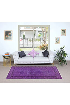 127x231 cm Otantik Mor El Yapımı Halı, Yenilenmiş El Düğümlü Türk Halısı