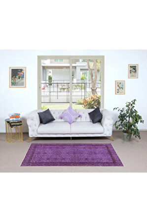 110x207 cm El Yapımı Mor Halı, Eski Türk Halısı, Modern Ev Dekoru Yünlü Halı