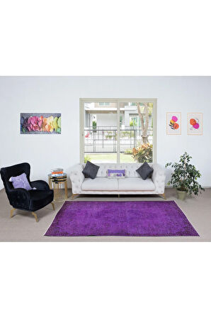 160x270 cm El Yapımı Mor Halı, El Dokuması Eski Halı, Yenilenmiş Türk Halısı